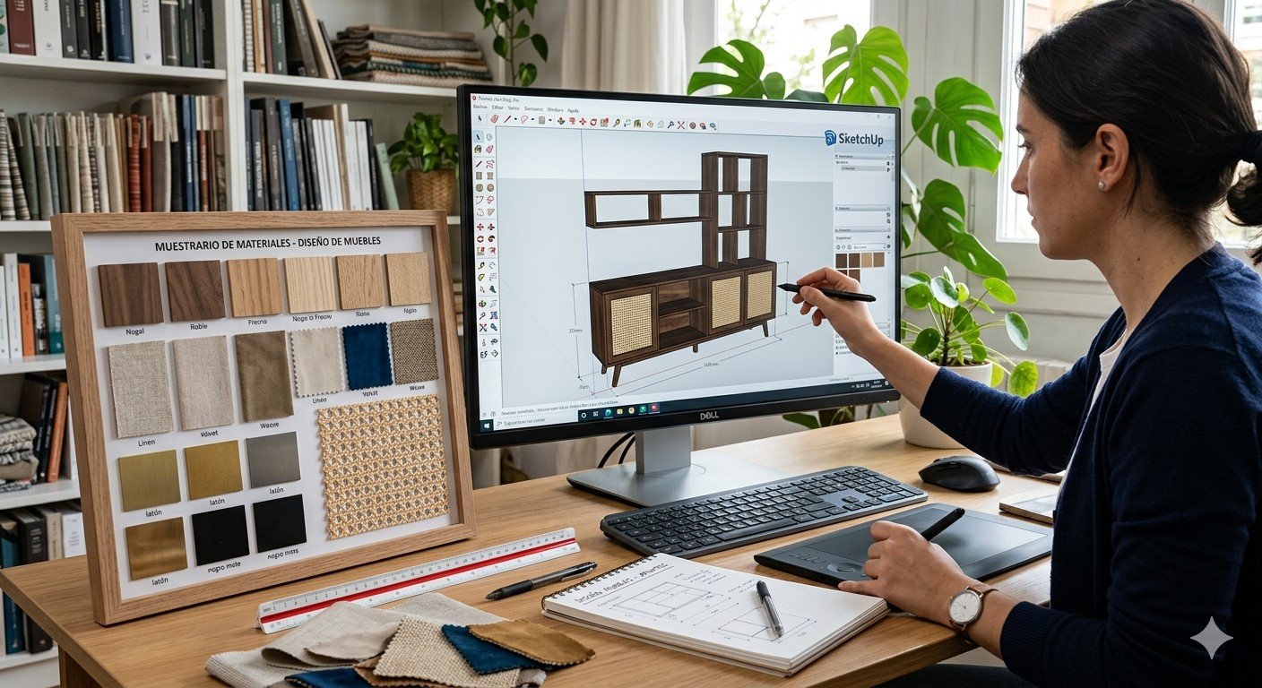 Pantalla con modelo 3D en SketchUp y muestrario de materiales para diseño de muebles
